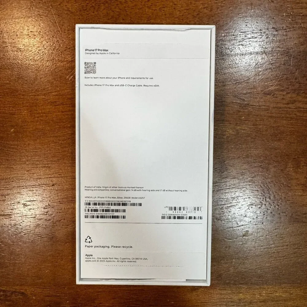 Apple A3256 iPhone 17 Pro Silver 256GB - Empty Box ONLY